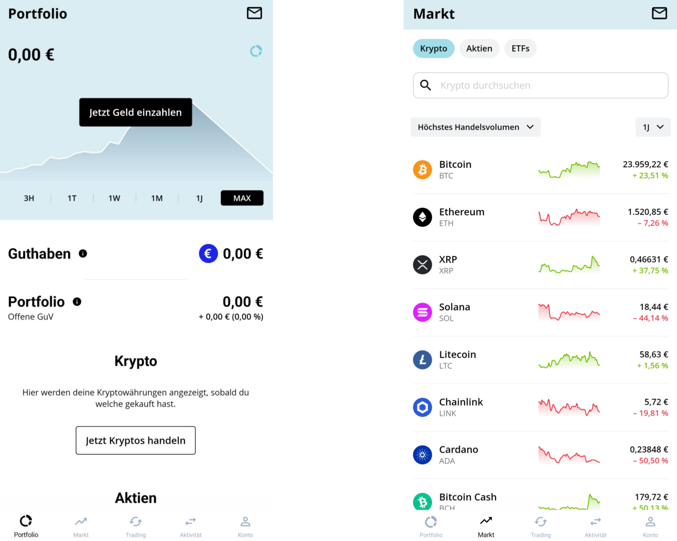 Bison App mit übersichtlicher Darstellung des eigenen Portfolios (links) und zum Handel verfügbare Kryptowährungen (rechts).