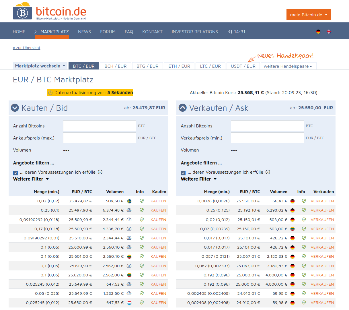 Marktplatz auf Bitcoin.de: Links findest du die Angebote, um Bitcoin für Euro zu kaufen und rechts kannst du Bitcoin wieder verkaufen.